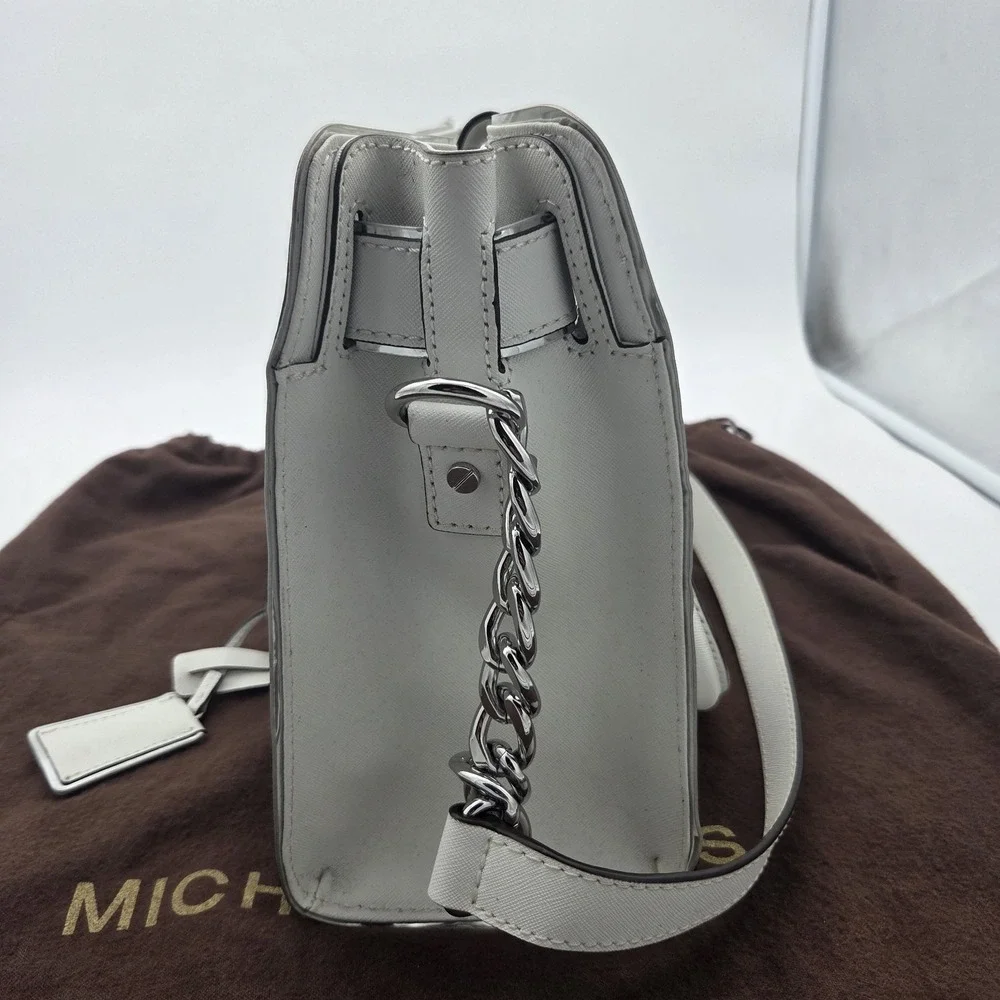 Michael Kors White Saffiano Leath Hamilton Purse Chain Lock W/ Rhinestone Wallet